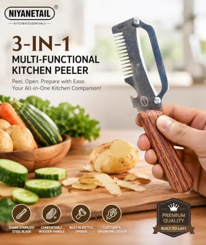 Image of Multi-Functional Stainless Steel Vegetable Peeler with Wooden Handle, Built-in Bottle Opener & Julienne Cutter, Sharp Fruit & Vegetable Peeler for Potato, Carrot, Cucumber, Apple & More