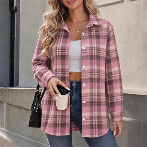 Flannel Shirt Women Button Down Plaid Tops Long Sleeve Blouses Pink L | Warm Cozy Collared Shirts, Oversized Buffalo Plaid Jackets, Casual Dressy Fleece Blouse, Fall Winter Fashion Clothes 2026 - image 2