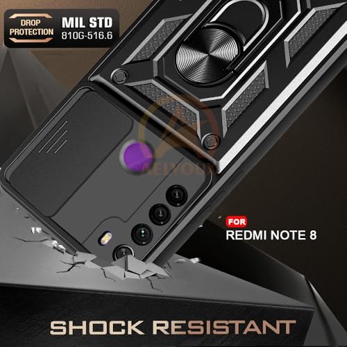 Image of Armor Bumper Back Cover Case for Redmi Note 8 Rotating Camera Cover, Ring Holder & Kickstand | Heavy Duty & 360 Degree Protection Redmi Note 8 Back Cover (Black)
