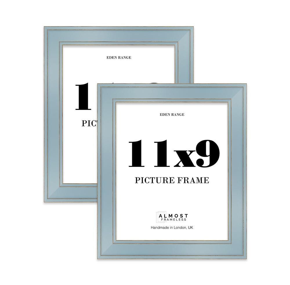 11x9 Cornflower Blue Picture Frame - Shabby Chic Photo Frame with Distressed Finish, Gold Trim, Wall Hooks and Kickstand, 37mm Edge - 2 Pack
