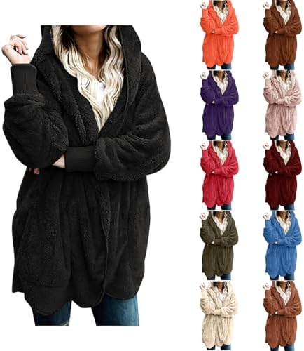 Womens Fleece Jacket Winter Sherpa Coat Warm Hoodie Jacket Oversized Cardigan Long Sleeve Casual Outwear with Pockets