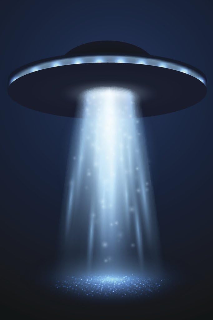 Alien UFO Spaceship with Light Beam Moody Photo Poster Abduction Blue Background Fantasy Scifi Cool Wall Art Print Poster 12x18