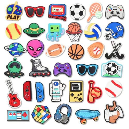 RowGlow 35pcs Chaussures Charm pour Croc, Pin Charmes de Sportif Shoe Charm, Pins Sport Jungen Für Croc, Accessoires Shoe Charms Stecker Sticker Buchstaben Für MäDchen Damen(Sports 35pcs)