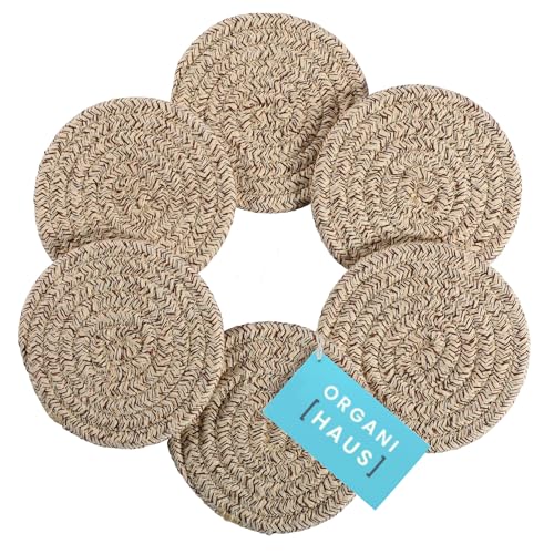 OrganiHaus Drink Coasters Set of 6, Absorbent Cotton Woven Cup Coasters, Rustic Farmhouse Boho Decor for Coffee Table and Drinks Protection, Cute Coaster for Drinks, Coaster for Office Desk - Brown