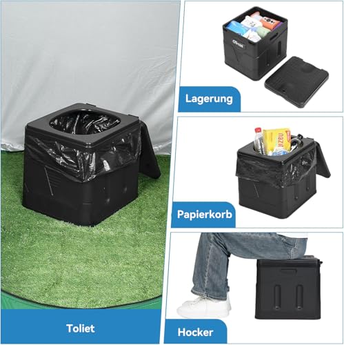 OTraki Campingtoilette Camping Toiletten, Mobile Toilette mit 12 Toilettenbeuteln Camping Klo Stabil Camping WC Kompakt Toilette Porta Potti für Outdoor, Festival, Stau, Zelten, Schwarz