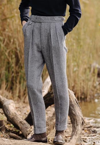 Men's Vintage Herringbone Tweed Pant High Waisted Dress Straight Trousers2