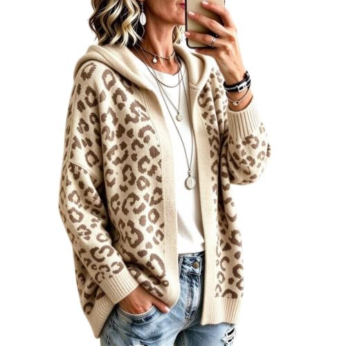 Cheetah Print Sweater for Women Open Front Knit Cardigan with Hood Top - image 1