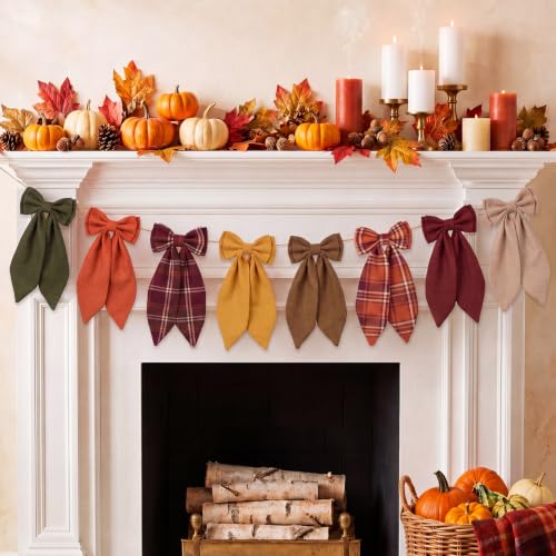 Fanfanwin 6.56 ft Fall Bow Garland Mantel Bow Banner Autumn Hanging Buffalo Plaid Garlands Fall Decorations for Home Office Fireplace Mantle Decor Table Wall Thanksgiving Farmhouse Decor (Classic)
