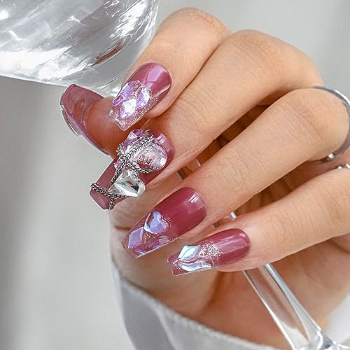 Sethexy Purple Rhinestone Handmade Fake Nail 3D Crystal Long Coffin False Nails Glitter Press on Nails Salon Durable Nails for Women and Girls (6)