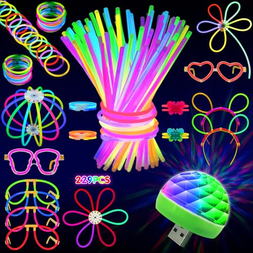 MOSSNDAR Pulseiras luminosas fluorescentes, 229 peças barras luminosas com mini luz disco USB, Glow Stick varinhas luminosas para festa néon aniversário Halloween Natal Cotillon de ano novo 2026