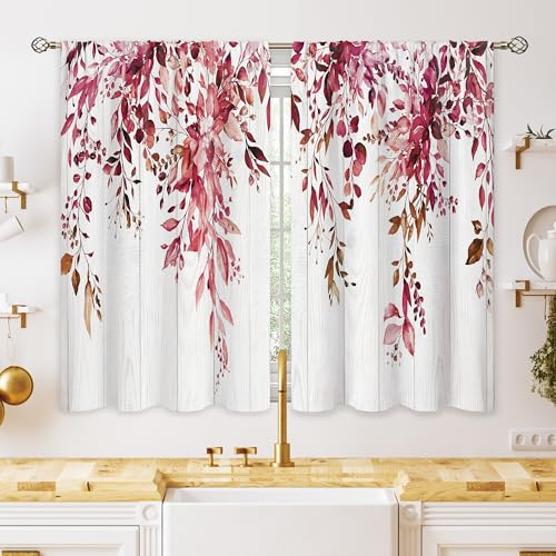 oolygoo - Tende da cucina con fantasia di foglie di eucalipto, tende corte per bagno, sala da pranzo, per l’autunno, rosso Borgogna, 70 x 99 cm