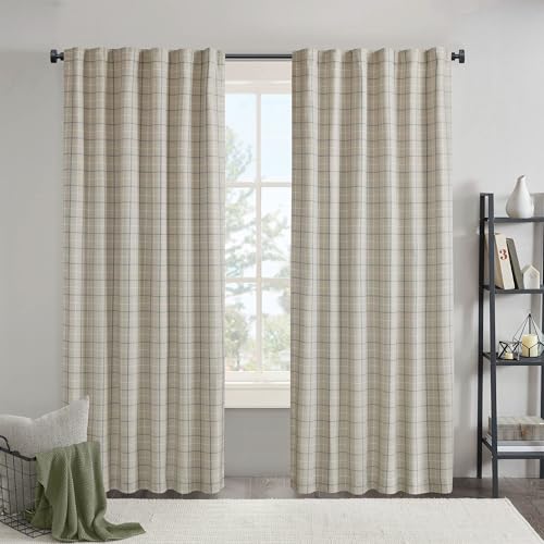 Image of Madison Park Anaheim Cabin Plaid Curtain Window, Thermal Insulated Fleece Lining, Living Room Decor Room Darkening Drape for Bedroom, 1-Single Panel Pack, 50x95, Rod Pocket & Back Tab, Linen Blue