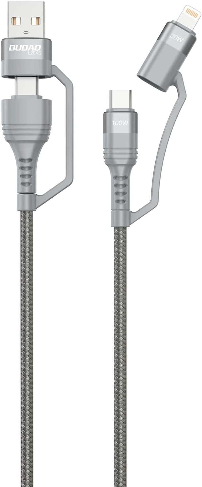 DUDAO L20XS 100W PD 4 in 1 Fast Charging & Data Sync Tough Nylon Braided Unbreakable Cable 1M Multi-Function Data Cable & Data Sync Type-C To Type-C ,Type-C To Ligtning, USB-A To C, USB-A To Ligtning Compatible with all Devices (4 in 1 Grey)