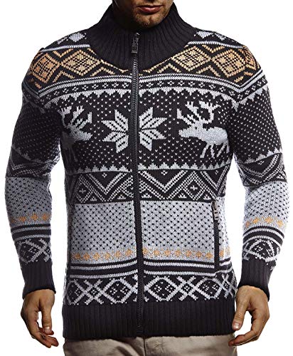 Leif Nelson Herren Strickjacke Stehkragen Norwegerjacke Schwarze Winterjacke Freizeitjacke Männer Jacke für Weihnachten Winter Norweger Muster Übergangsjacke Slim Fit LN20759 XXL Anthrazit