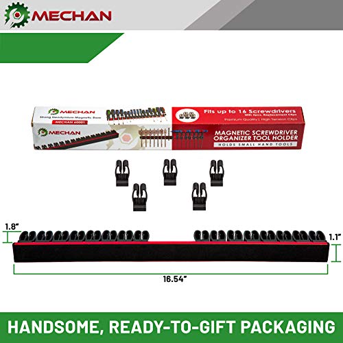 Mechan Magnetic Screwdriver Organizer Tool Holder Tray Rack, With Ultra Strong Neodymium Magnet Strip + Replacement Clips – Holds Screwdrivers, Drill Bits, Nail Sets,(Red Rail/Black Clips)