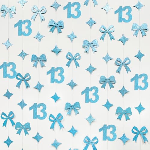 Image of Glitter Blue 13th Bow Birthday Decorations Teal Blue Conquette Bow Garland Streamer Banner Backdrop for Girls Happy 13th Birthday Official Teenager Cheers to 13 Years Old Anniversary Party Supplies