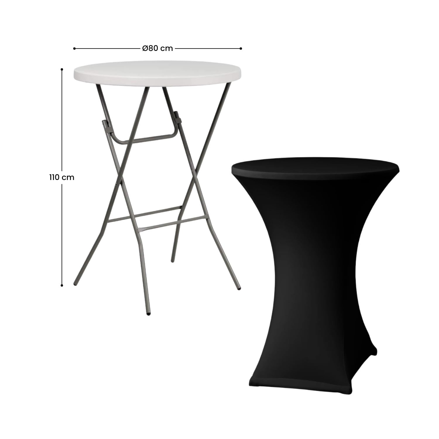 7H SEVEN HOUSE Set 2 Mesas Plegables Redondas Altas y 2 Fundas Protectoras 80x110cm Catering 7house