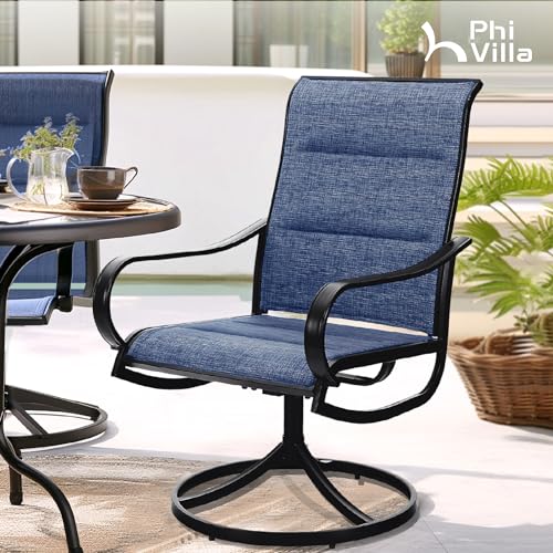 Image of PHI VILLA Swivel Patio Dining Chairs Set of 6, Padded Textilene Mesh, Blue | High back ergonomic backrest with padded seat. All-weather black E-coated metal frame for patio, outdoor, deck, lawn, garden