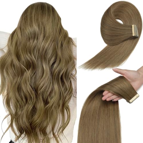 Image of YDDM 20pcs 14 Inch Tape in Hair Extensions, Ash Brown 100% Remy Human Hair Straight Seamless Invisible Tape in Hair Extensions Human Hair(8#, 14 Inch)
