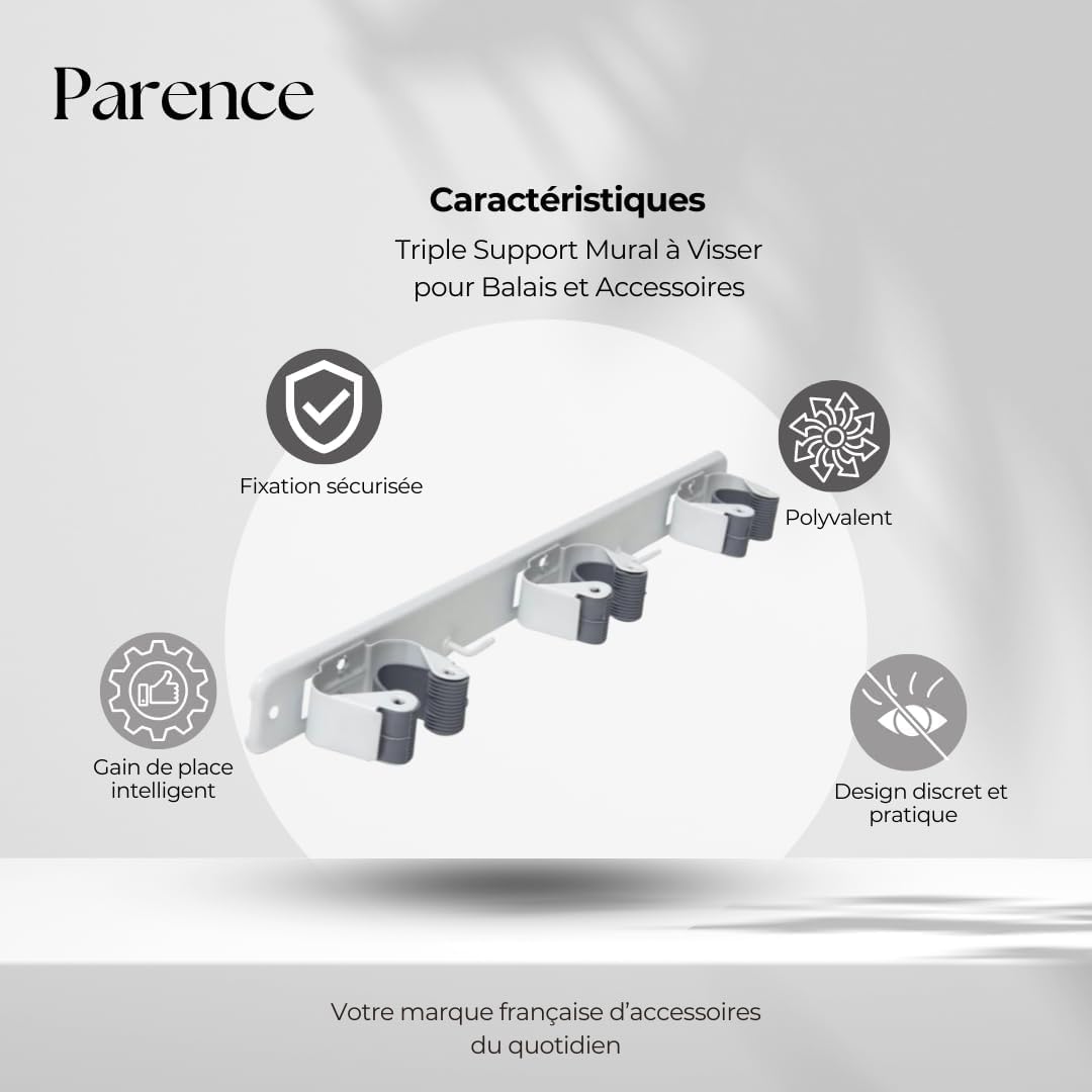 PARENCE.- Supporto da Parete a Triplo avvitamento per Scopa e Accessori - Gancio per Scopa 3 Supporti + 2 Ganci - 37cm