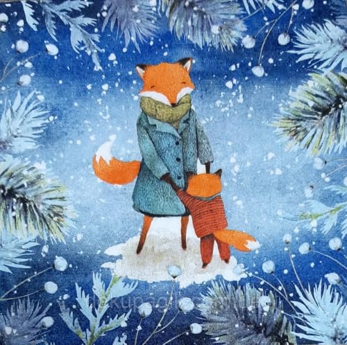 Set of 2 Individual Decoupage Paper Party Napkin Fox Foxes Winter Snow Watercolor Decor Luncheon Napkins for a Birthday Holiday, Wedding, Cocktail Party