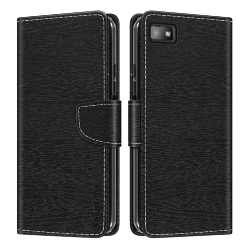 Custodia in Pelle PU a Righe Compatibile con BlackBerry Z10, Cover Portafoglio con Chiusura Magnetica, Scomparti Carte e Funzione Stand (Nero)