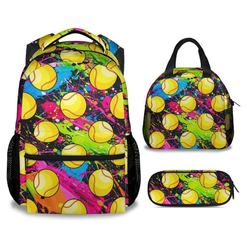 Softball Backpack with Lunch Box - Set of 3 School Backpacks for Girls - Cartoon Colorful Bookbag and Pencil Case Bundle for Middle School, Highschool