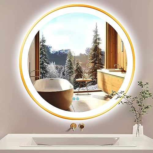 ARUMMA 36 Inch Gold Round LED Mirror with Lights Gold Frame Round Lighted Mirror for Bathroom Wall Gold Round Lighted Vanity Mirror with Light 3 Color Dimmable AntiFog 36
