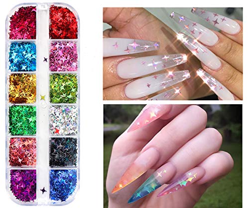 Changar Nail Art Glitter Sequins, 3D Laser Cross Star Nail Paillette Decals Sticker Holographic Four-Angle Star Nail Sparkle Glitter For Manicure Make Up Diy Decals Decoration #TOP1