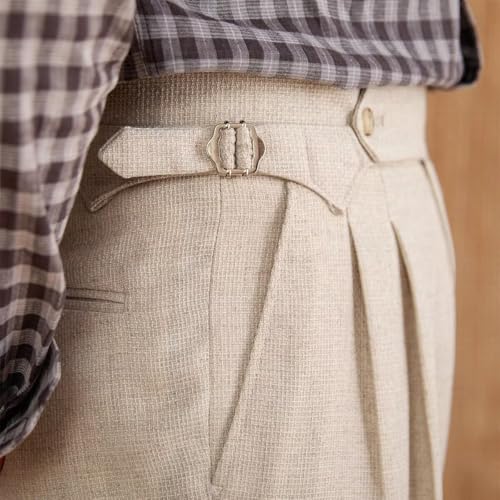 Mens Linen Pants Classic Flat Front Pleated Pants Casual Beach Wedding Stretch Trousers3