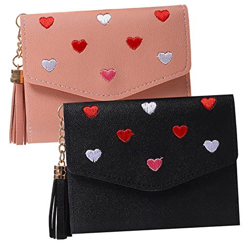 NOLITOY 2pcs Fashionable Embroidered Heart Wallet Compact Pu Leather Card Holder Purses for Women Girls Cash Coins and Id Cards