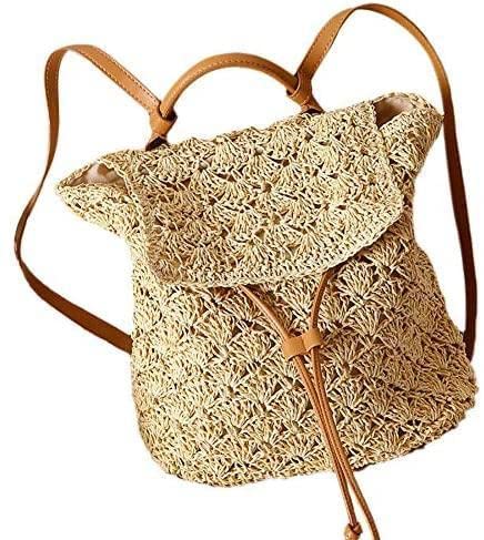 WamikSons Damen Stroh Rucksack Strandtasche - Stroh Handtasche mit Griff oben Badetasche Tagesrucksack Kordelzugbeutel für Strand Cover