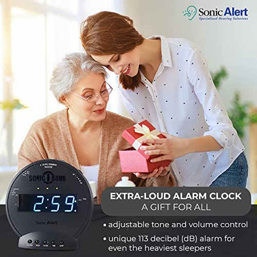 Image of Sonic Alert Sonic Bomb Dual Alarm Clock with Bed Shaker, Black Vibrating Alarm Clock Heavy Sleepers, Battery Backup | Wake with a Shake