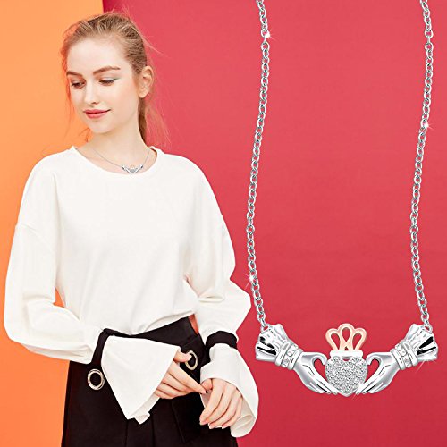Monbo Irish Claddagh Necklace For Women Sterling Silver Girls Crystal Celtic Claddagh Hands Holding Crown Love Heart Pendant Necklace #TOP1