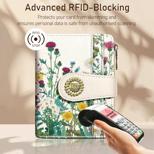 Image of Kelvoris Aesthetic Flower Floral Small Rfid Women Wallet Zipper Coin Pocket | Bifold PU Leather Compact Cash Credit Card Holder Travel Purse for Female Ladies Teen Girls 1 ID Window 10 Card Slots