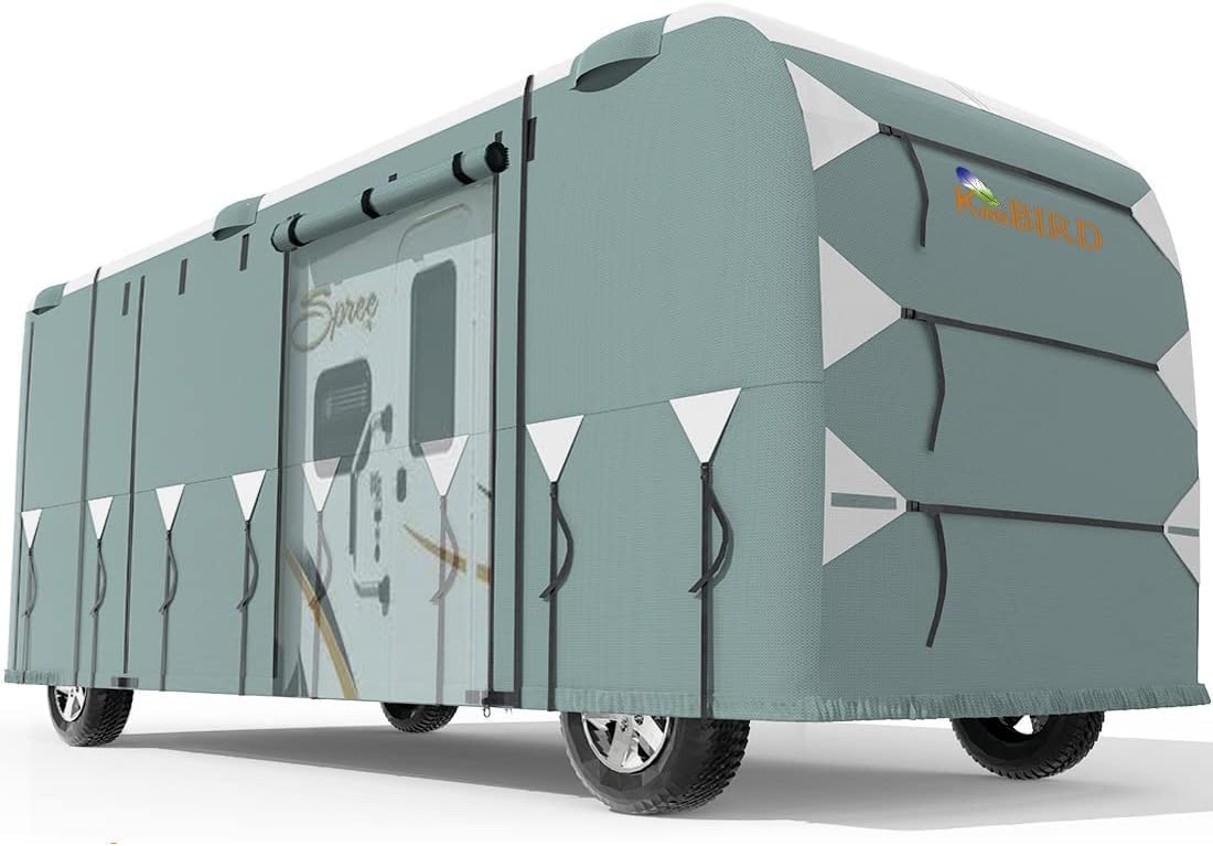 KING BIRD Upgraded Class A RV Cover, Extra-Thick 5 Layers Anti-UV Top Panel, Durable Camper Cover, Fits 32.5'- 36.5' Motorhome -Breathable, Water-Proof, Rip-Stop with 2Pcs Extra Straps & 4 Tire Cover