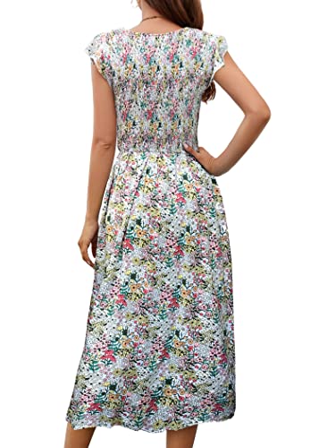 Womens Floral Print Round Neck Smocked Midi A-Line Dress With Pocket Gray #TOP1