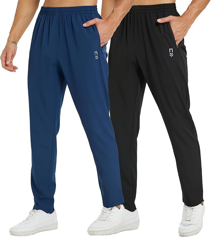 2 Pack Tracksuit Bottoms Men Lightweigt Jogging Trousers with Zipper Pockets Work Joogers Fit Sport Casual Sweatpants for Running Gym Training
