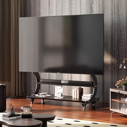 Soporte móvil para TV con ruedas y estante de madera maciza miniatura 1