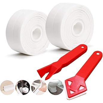 SnailGarden Set of 4 White Waterproof Sealing Tape Set 2 Sealing Strips and 2 Sealing Tools Self-Adhesive Sealing Tape Waterproof Tape Sealing Tape For Kitchen Bathroom Toilet Wall Corner