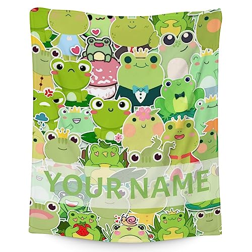 Personalized Frog Blanket Gifts with Name - 60x80 Inches Cute Throw for Girls & Boys - Colorful Soft Fuzzy Blankets for Bed, Couch & Living Room