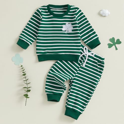 Image of Toddler Baby Boy St Patricks Day Outfit Infant Lucky Clover Sweatshirt Pants Set Little Kids Spring Warm Clothes