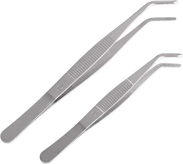 YoiYee 2pcs(7" + 5.5") Curved Tip Stainless Steel Tweezers, Curved Blunt Serrated Angled Forceps for Arts & Crafts, Aquarium, Cooking, Repair, Sewing, Modeling, Medical, Plant