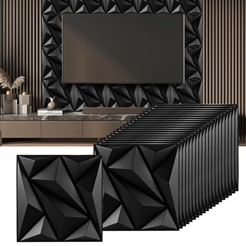 VIDETOL 20 paneles de pared 3D con patrón de diamantes, 30 x 30 cm, paneles 3D de revestimiento de pared, paneles de pared 3D negros de PVC para decoración de salón, dormitorio, baño