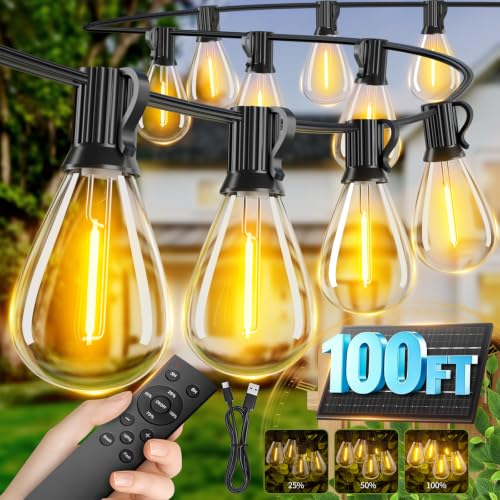 Sikitul 100FT Solar String Lights Outdoor Waterproof 35+1 LED Solar Powered Lights with Remote Control 3 Light Modes & Dimmable USB-C Charging for Patio Backyard Garden Camping