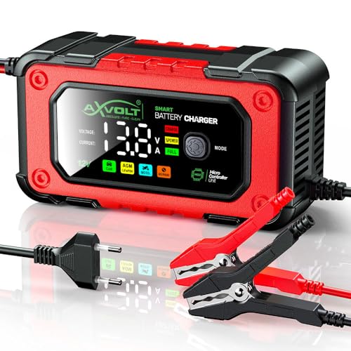 Image of AXVOLT Fully Automatic Battery Charger 7A 12V, Car Battery Charger & Maintainer- EU Plugfor Car, Motorcycle, Lawn Mower and More (Red)
