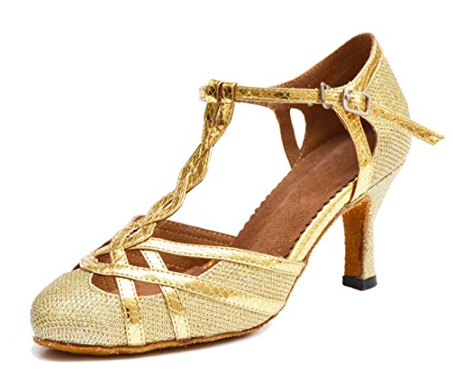TDA Womens T-Strap Glitter Gold Synthetic Salsa Tango Ballroom Latin Party Dance Shoes SM1895 8.5 M US