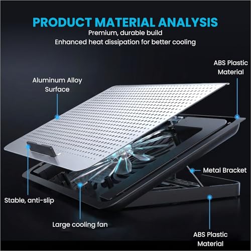 Image of Aluminum Laptop Cooling Pad with Fan & 7 Height Settings | Ultra Silent Notebook Cooler Stand with Dual USB Ports | Compatible for MacBook, Dell, HP, Lenovo & Laptops Upto 15.6 Inch (Silver)