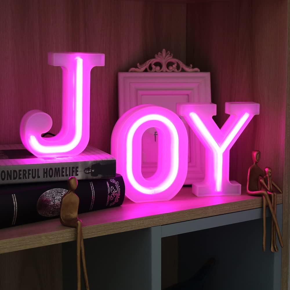 GUOCHENG JOY Neon Letters Sign 1 Pack 3pcs JOY Set LED Neon Marquee Light Alphabet Free Standing Light up Word Lamps for Home Bedroom Nursery Wall Christmas Decorations(Pink)