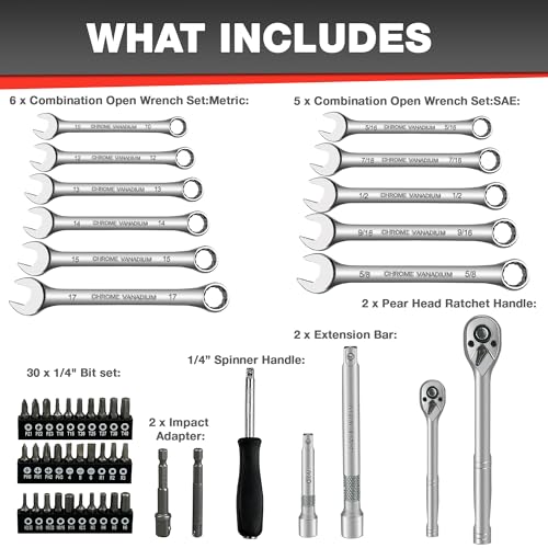 Image of EACELIY 122Pcs 1 /4 inch & 3 /8 inch Drive Impact Socket Set, Ratchet Socket Wrench Set with Extention Bar, Adapter, Screw Bits,Drive Bit Holder, Spark Plug Socket,CR-V